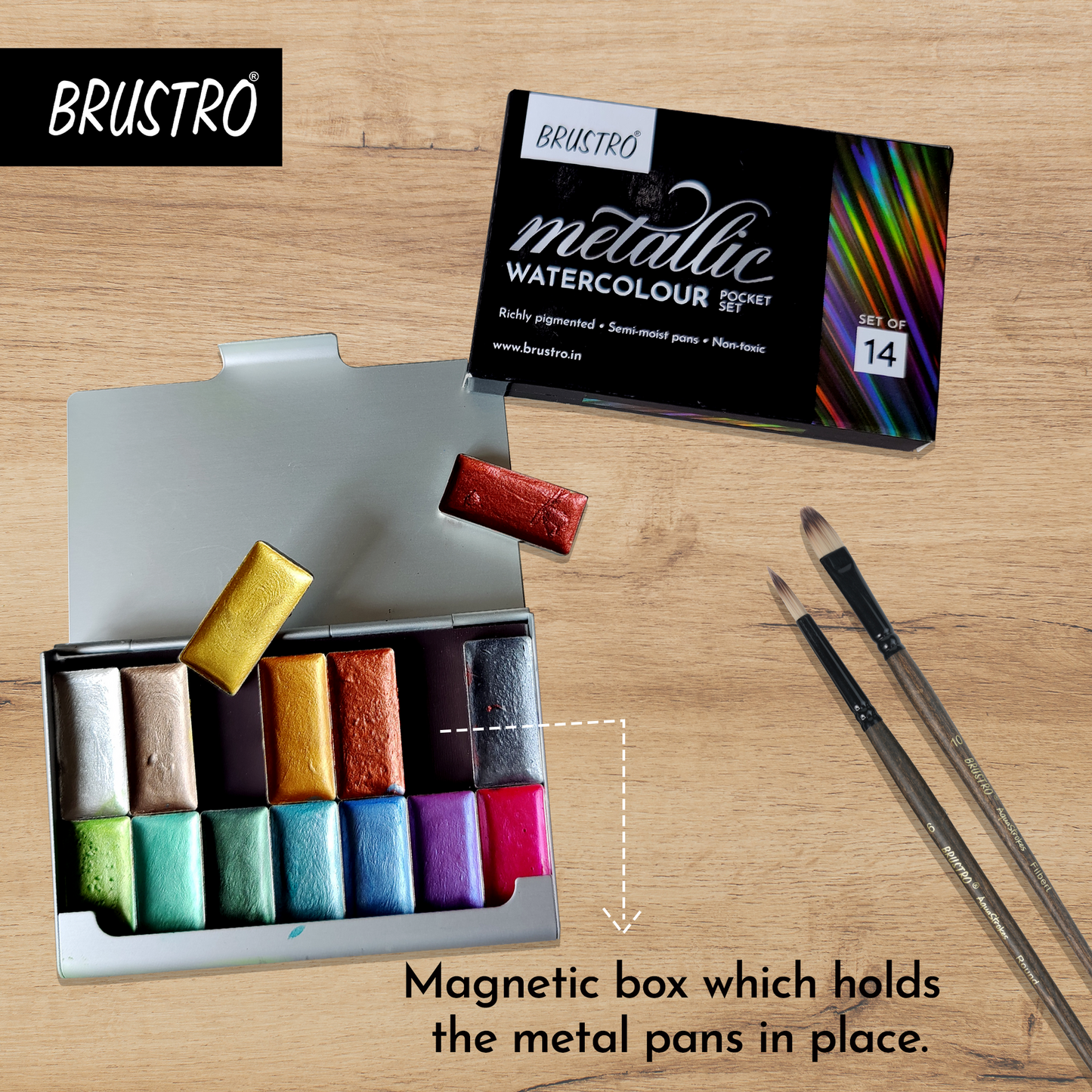 BRUSTRO Artists Metallic Watercolour Pocket Set of 14 Half Pans |Semi Moist Pans