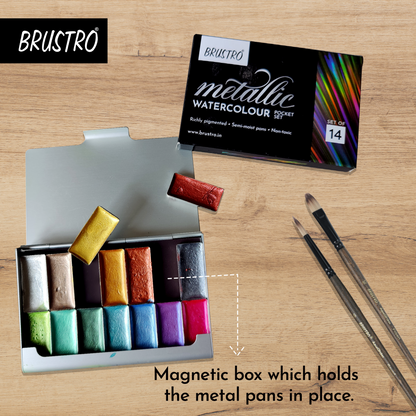 BRUSTRO Artists Metallic Watercolour Pocket Set of 14 Half Pans |Semi Moist Pans