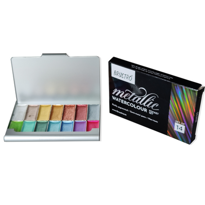 BRUSTRO Artists Metallic Watercolour Pocket Set of 14 Half Pans |Semi Moist Pans