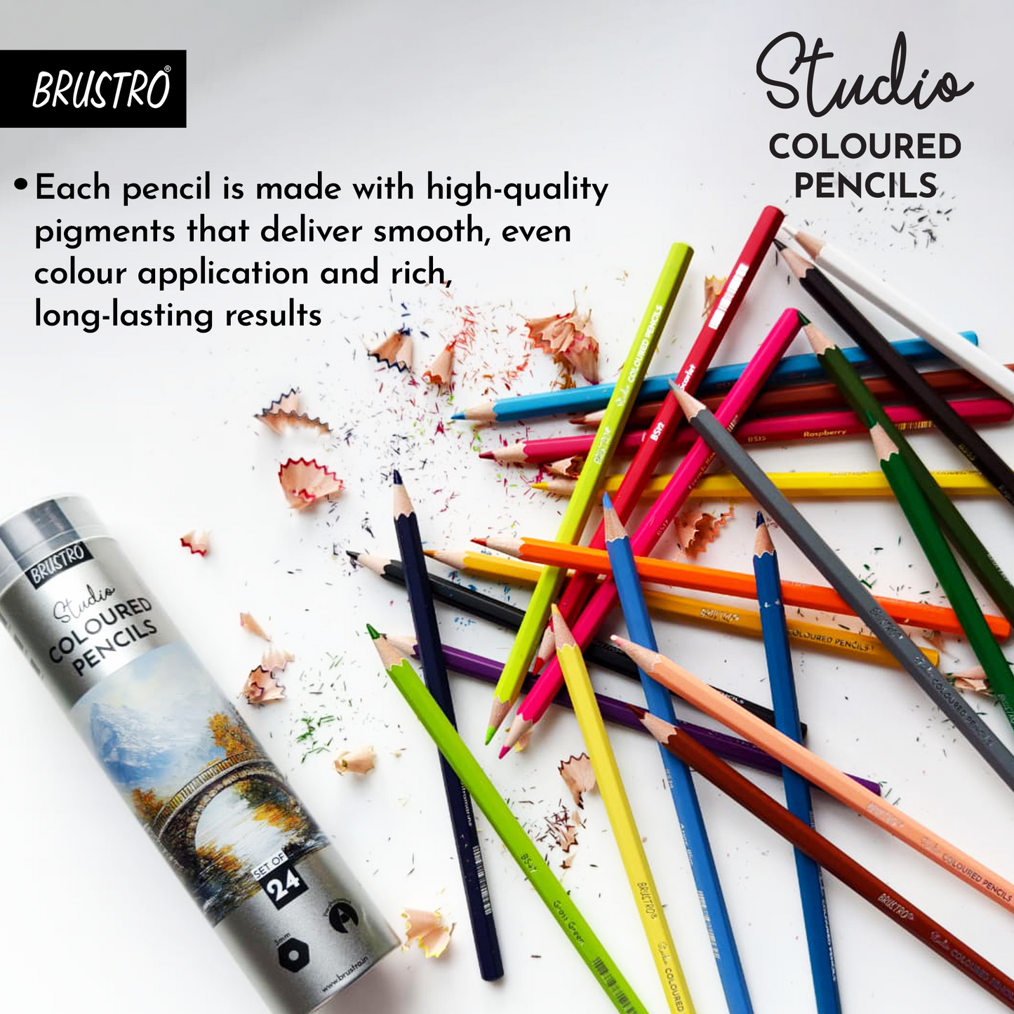 Brustro Studio Colour Pencil Set 24 in a Metal Tube| 3mm Lead,Pre-Sharpened