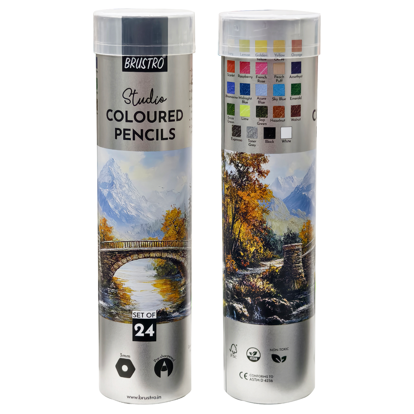 Brustro Studio Colour Pencil Set 24 in a Metal Tube| 3mm Lead,Pre-Sharpened