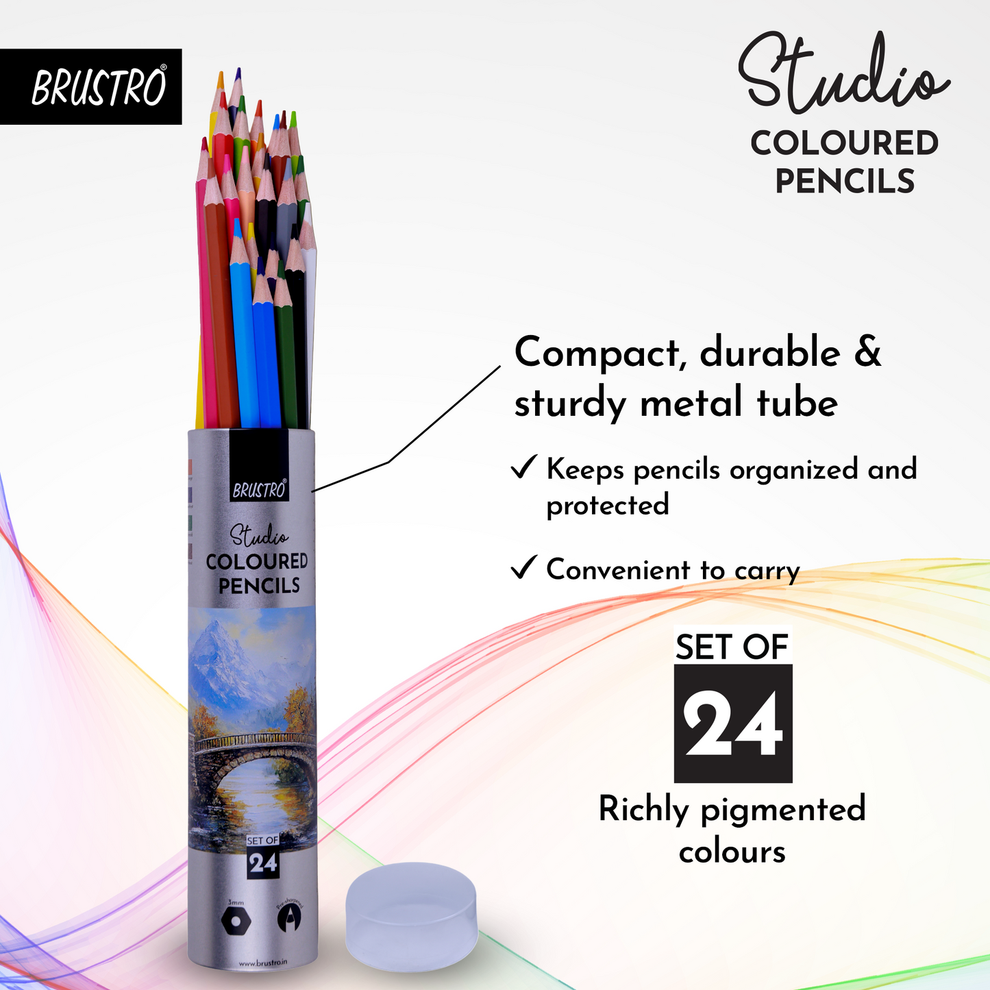 Brustro Studio Colour Pencil Set 24 in a Metal Tube| 3mm Lead,Pre-Sharpened
