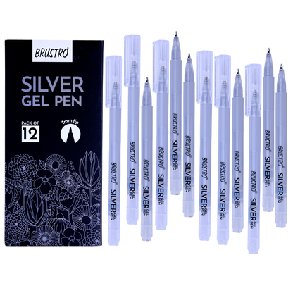 BRUSTRO Silver Gel Pen|Pack of 12 - 1mm Metal Tip,Opaque and Viscous Ink