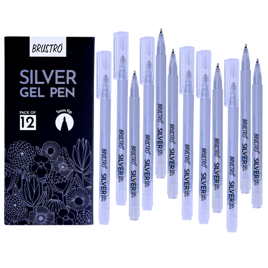 BRUSTRO Silver Gel Pen|Pack of 12 - 1mm Metal Tip,Opaque and Viscous Ink