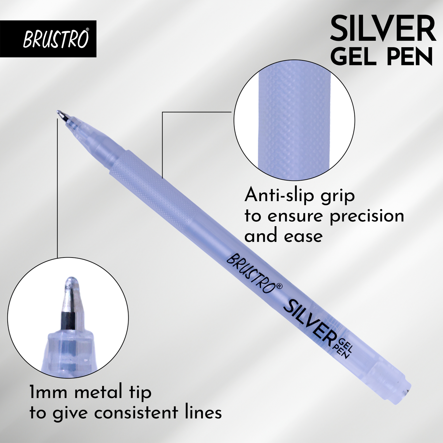 BRUSTRO Silver Gel Pen|Pack of 12 - 1mm Metal Tip,Opaque and Viscous Ink