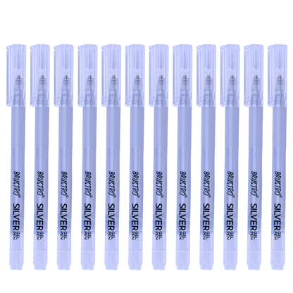 BRUSTRO Silver Gel Pen|Pack of 12 - 1mm Metal Tip,Opaque and Viscous Ink