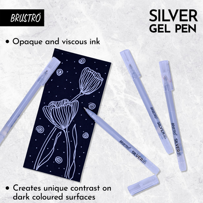 BRUSTRO Silver Gel Pen|Pack of 12 - 1mm Metal Tip,Opaque and Viscous Ink