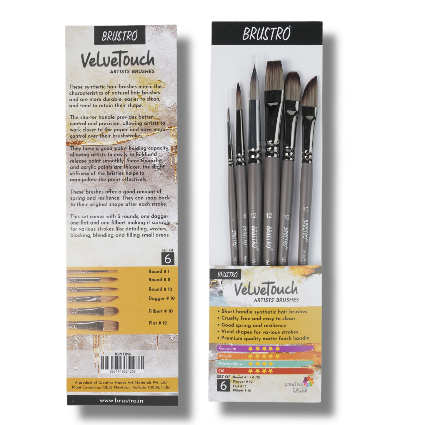 BRUSTRO VelveTouch Artist Brushes  | Set of 6 | Short Handle, Synthetic Bristles, Round, Filbert, Dagger, Flat Shape