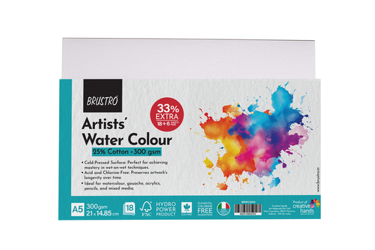 Brustro Artists’ Watercolour paper 100% cotton CP 300 Gsm A2 (5 Sheets)