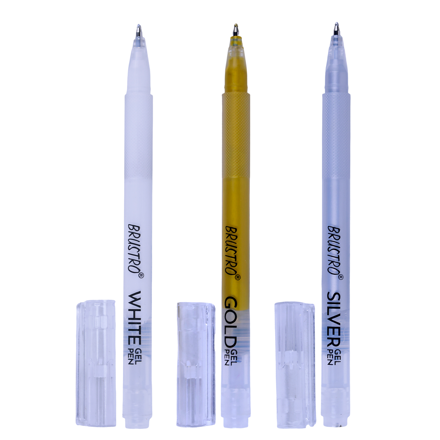 BRUSTRO Assorted Gel Pen (White , Gold and Silver)|1mm Metal Tip - Set of 3,Opaque and Viscous Ink