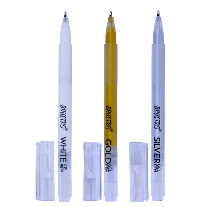 BRUSTRO Assorted Gel Pen (White , Gold and Silver)|1mm Metal Tip - Set of 3,Opaque and Viscous Ink