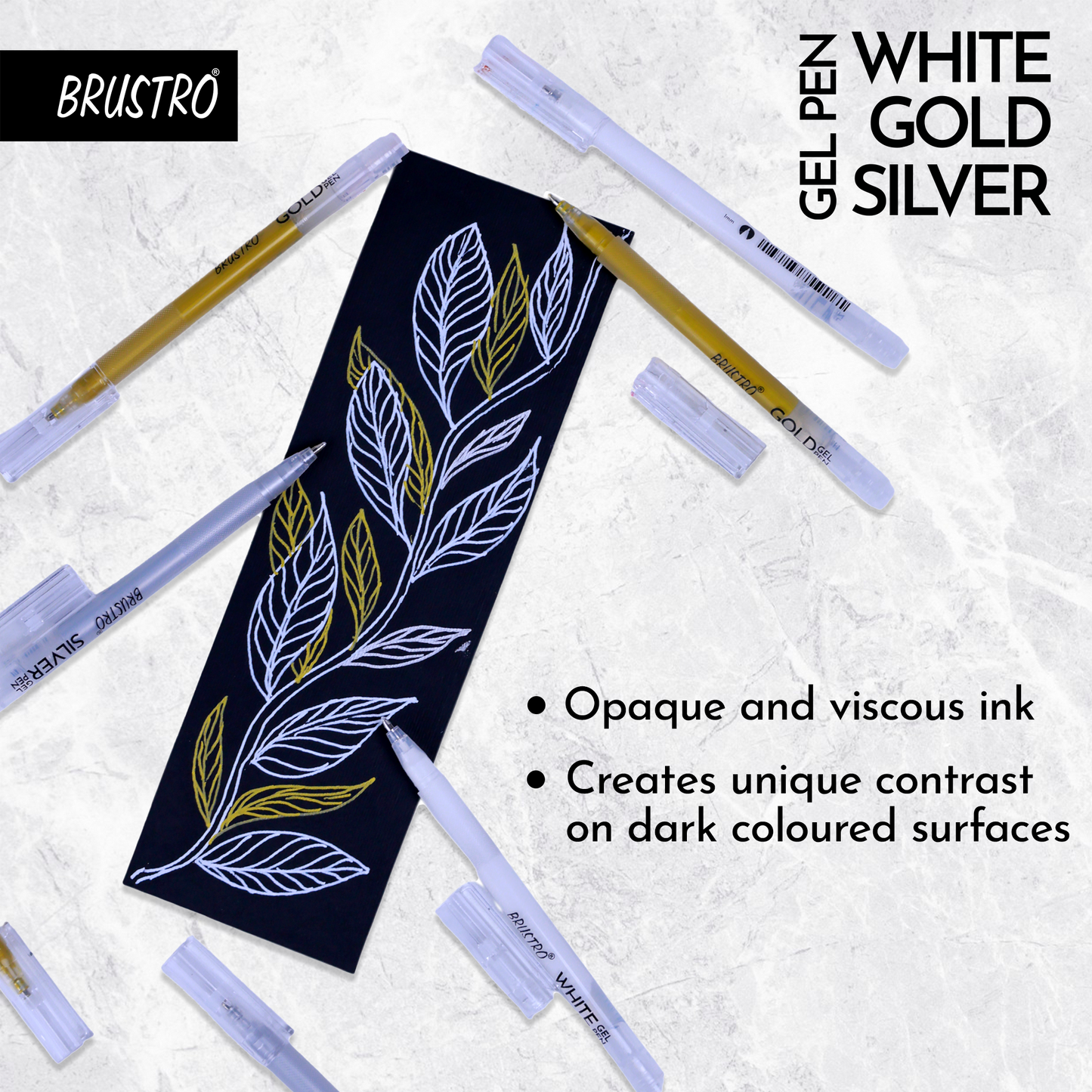 BRUSTRO Assorted Gel Pen (White , Gold and Silver)|1mm Metal Tip - Set of 3,Opaque and Viscous Ink