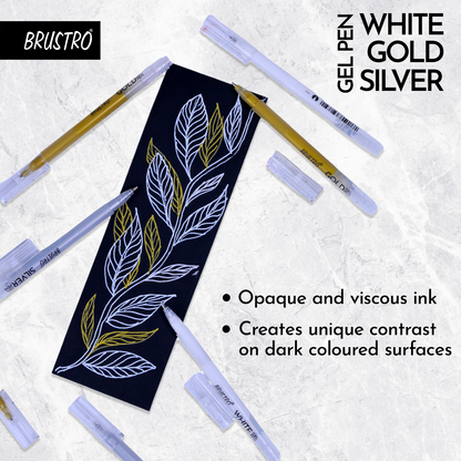 BRUSTRO Assorted Gel Pen (White , Gold and Silver)|1mm Metal Tip - Set of 3,Opaque and Viscous Ink
