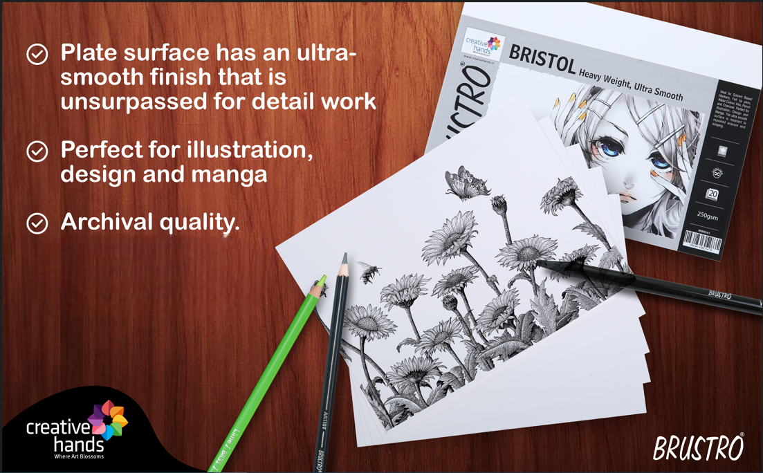 Brustro Ultra Smooth Bristol A3 Size Sheets, 250 GSM (Pack of 10 + 2 Free Sheets)