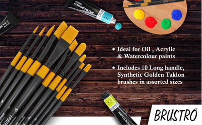 BRUSTRO Artists Gold Taklon Brushes Set of 10| long handle, Bright, Filbert, Flat, Round